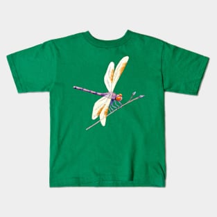 Whimsical Gold and Purple Dragonfly and Twig on Green Kids T-Shirt